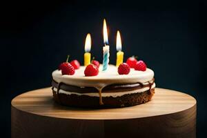 a birthday cake with three candles on top. AI-Generated photo