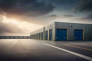 a large warehouse with two doors and a sky background. AI-Generated photo