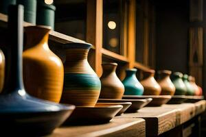 a row of colorful vases on a shelf. AI-Generated photo