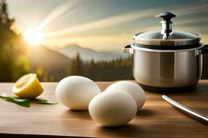 eggs on a table with a pan and knife. AI-Generated photo