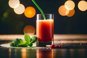 a glass of red juice with a green straw. AI-Generated photo