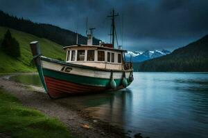 a boat sits on the shore of a lake. AI-Generated photo