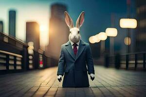 a rabbit wearing a suit and tie standing on a bridge. AI-Generated photo
