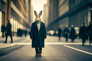 a rabbit wearing a coat and tie standing in the middle of a city street. AI-Generated photo