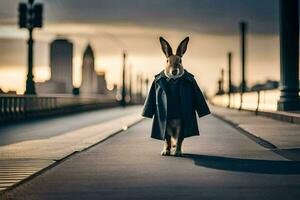 a rabbit in a coat and tie walking on a bridge. AI-Generated photo