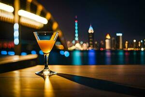 a cocktail sitting on a table in front of a city skyline. AI-Generated photo