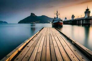 a boat docked at the end of a pier. AI-Generated photo