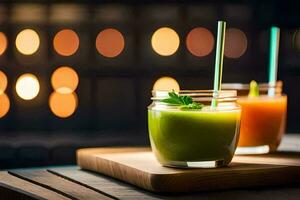 two glasses of green juice on a wooden table. AI-Generated photo