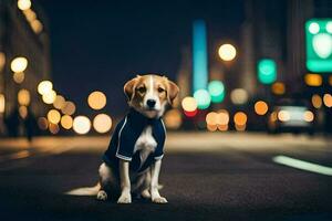 a dog wearing a blue shirt sitting on the street at night. AI-Generated photo