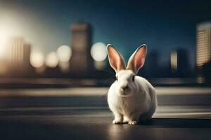 a rabbit is sitting in front of a city skyline. AI-Generated photo