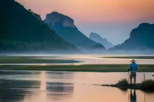 a man stands on the shore of a river with a dog. AI-Generated photo