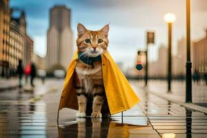 a cat wearing a yellow raincoat on a rainy day. AI-Generated photo