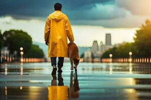 a man in a yellow raincoat walking his dog in the rain. AI-Generated photo