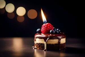 a small chocolate cake with a candle on top. AI-Generated photo