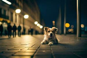 a dog sitting on the ground in a city at night. AI-Generated photo