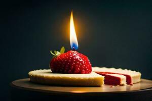 a strawberry and a candle on a cake. AI-Generated photo