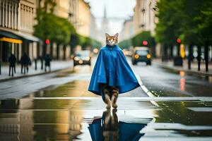 un gato en un azul capa caminando en un mojado calle. generado por ai foto