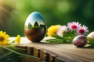 Pascua de Resurrección huevos en un mesa con flores y arboles generado por ai foto