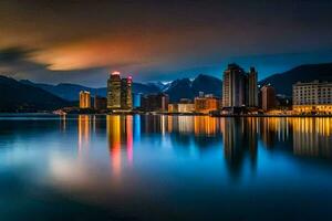 el ciudad luces son reflejado en el agua a noche. generado por ai foto