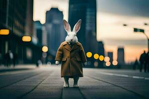a rabbit wearing a coat and tie standing in the middle of a city street. AI-Generated photo