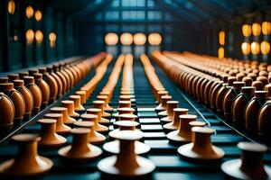 a row of bottles on a conveyor belt. AI-Generated photo