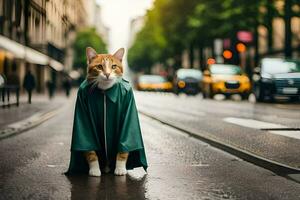a cat wearing a green cloak on the street. AI-Generated photo