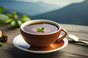 a cup of tea on a wooden table. AI-Generated photo