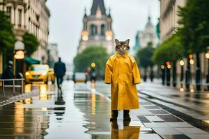 a cat in a raincoat standing on a wet street. AI-Generated photo