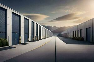 a long row of storage units with mountains in the background. AI-Generated photo