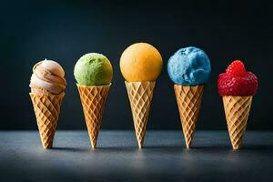 five different flavors of ice cream in cones. AI-Generated photo