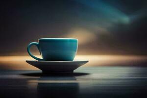 a blue cup sits on a saucer on a table. AI-Generated photo