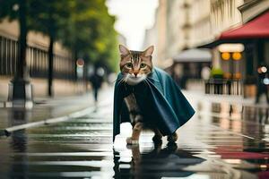 a cat wearing a raincoat walking on a wet street. AI-Generated photo