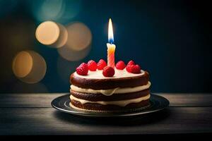 a birthday cake with a lit candle. AI-Generated photo