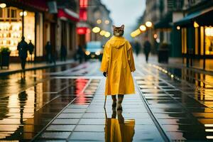 un gato en un impermeable caminando abajo un calle. generado por ai foto