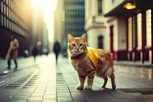 a cat wearing a yellow cape on a city street. AI-Generated photo