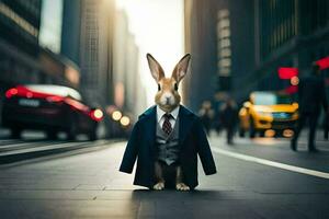 a rabbit dressed in a suit and tie standing on the street. AI-Generated photo