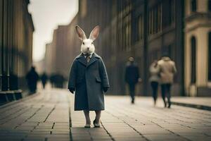 a rabbit wearing a coat and tie standing on a street. AI-Generated photo