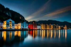 el pueblo de Bergen, Noruega a noche. generado por ai foto