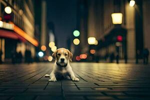 a dog sitting on the ground in a city at night. AI-Generated photo