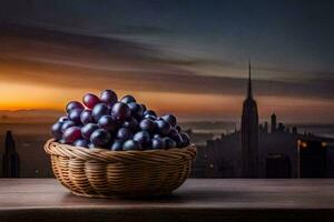 uvas en un cesta en un mesa en frente de un paisaje urbano generado por ai foto