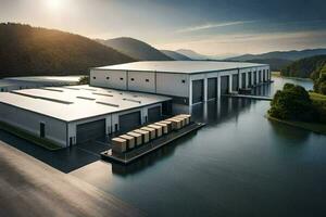 a warehouse with a large body of water in front of it. AI-Generated photo