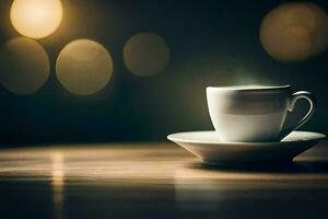 a cup of coffee on a table. AI-Generated photo