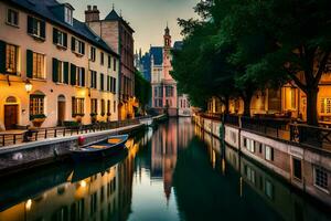 a canal in the middle of a city at dusk. AI-Generated photo