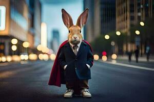 a rabbit dressed as a superhero in a city. AI-Generated photo