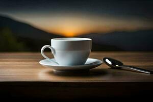 un taza de café en un mesa con un cuchara y un montaña en el antecedentes. generado por ai foto