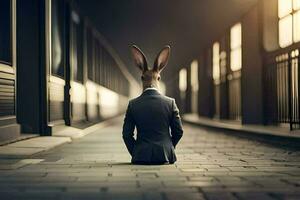 a rabbit in a suit sitting on the ground. AI-Generated photo