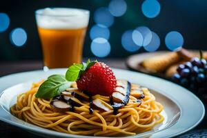 spaghetti with a strawberry and a glass of beer. AI-Generated photo