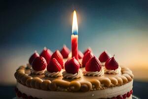 a birthday cake with a single candle. AI-Generated photo