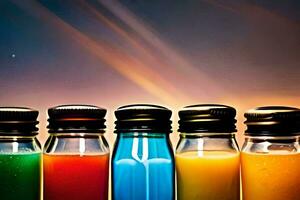 a row of colorful bottles with juice in them. AI-Generated photo