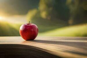 an apple sits on a wooden table in front of a field. AI-Generated photo